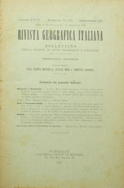 Revista geográfica italiana y boletín de la Sociedad de Estudios Geográficos y Coloniales. Septiembre-diciembre de 1920