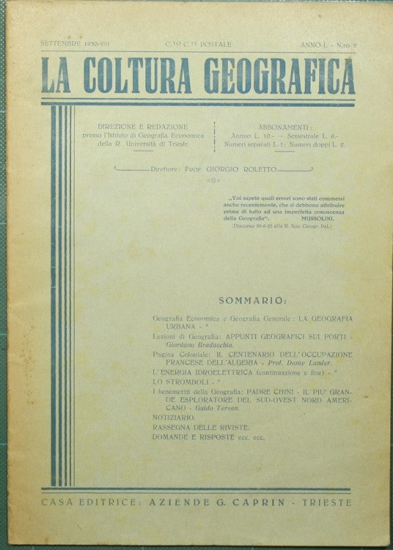 La coltura geografica. Settembre 1930