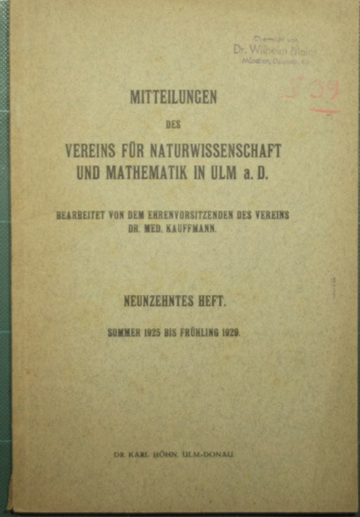 Mitteilungen des nereins fur naturwissenschaft und mathematik in Ulm s. D.