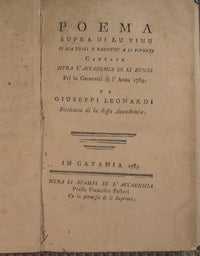 Poema supra di lu vinu si sia utili o dannusu a li viventi cantatu ntra l'Accademia di li Etnei pri lu Carnuvali di l'annu 1789. Da Giuseppi Leonardi Sicritariu di la stissa Accademia