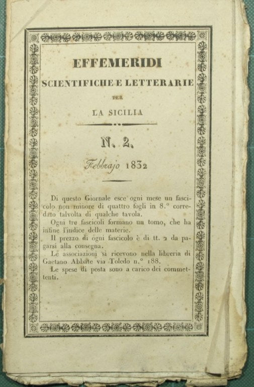 Effemeridi scientifiche e letterarie per la Sicilia. N. 2 - Febbraio 1832