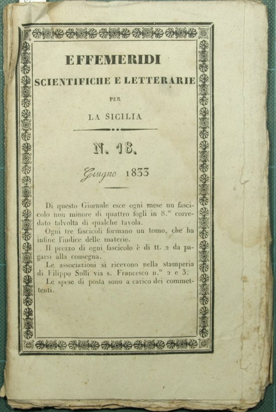 Effemeridi scientifiche e letterarie per la Sicilia. N. 18 - Giugno 1833