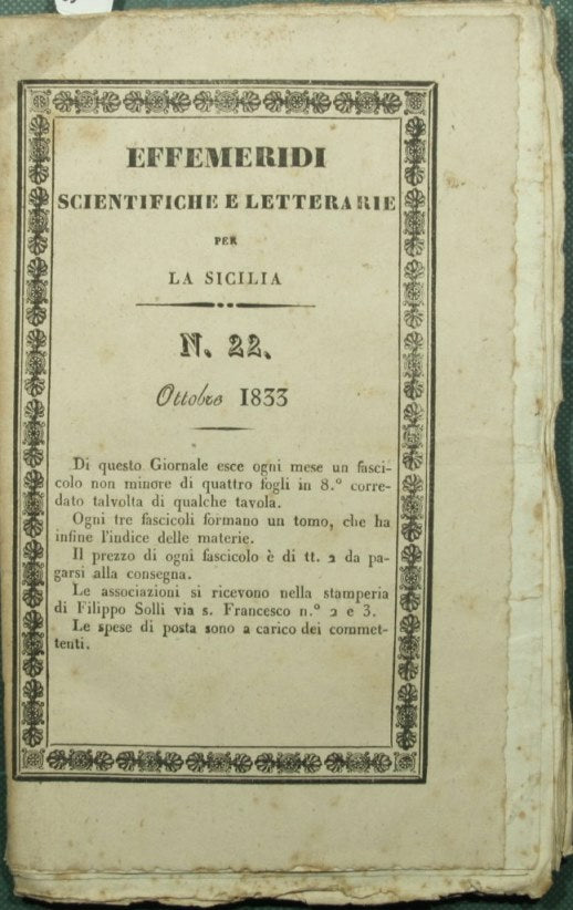 Effemeridi scientifiche e letterarie per la Sicilia. N. 22 - Ottobre 1833