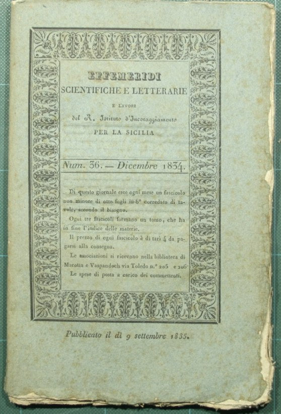 Effemeridi scientifiche e letterarie e lavori del R. Istituto d'incoraggiamento per la Sicilia. N. 36 - Dicembre 1834