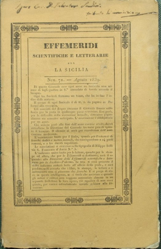 Effemeridi scientifiche e letterarie per la Sicilia. N. 71 - Agosto 1839
