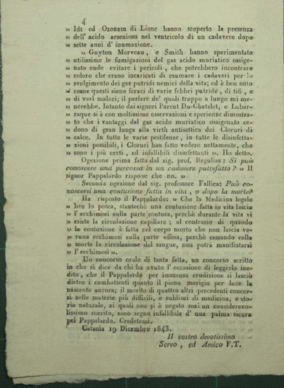 Il concorso orale alla cattedra di medicina legale e polizia medica del dottor D. Alfio Pappalardo riferito per lettera al sig. D.D.F.F.