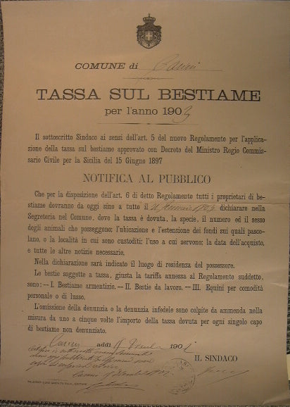 Announcement Municipality of Carini Tax on livestock for the year 1903