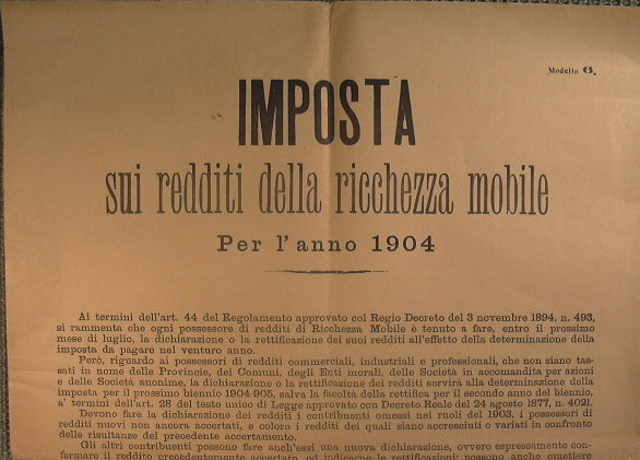 Notificación común del Impuesto Carini sobre las rentas de bienes muebles del año 1904 (modelo 6)
