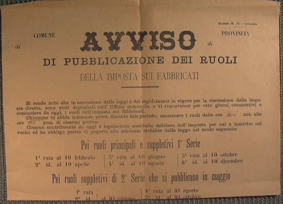 Anuncio conjunto de Carini - Anuncio de publicación de las listas del impuesto de construcción (modelo n° 75 - impuestos)