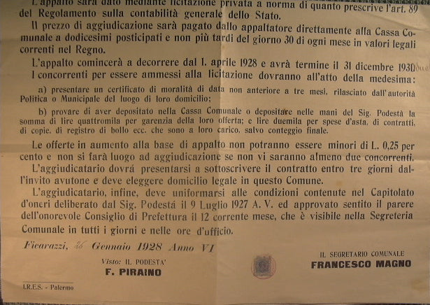 Provincia de Palermo - Municipio de Ficarazzi - Aviso de subasta del contrato de derechos de consumo del municipio