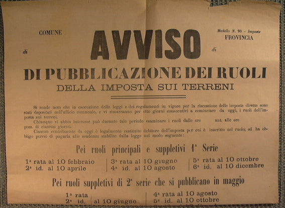 Bando comune di Carini - Avviso di pubblicazione dei ruoli della imposta sui terreni