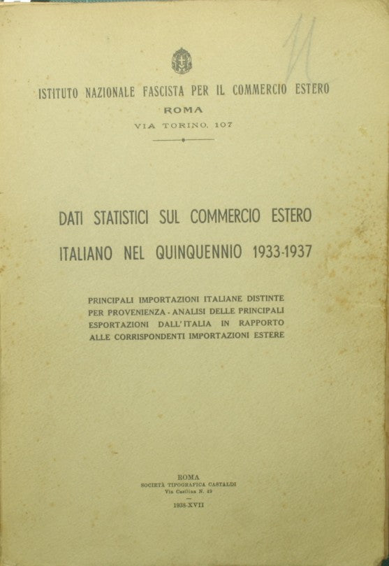 Statistical data on Italian foreign trade in the five-year period 1933-1937